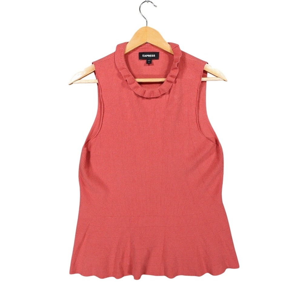 Express Peplum Tank Top Womens XL Pink Excellent Ruffle Neck Ribbed‎ Knit 1547